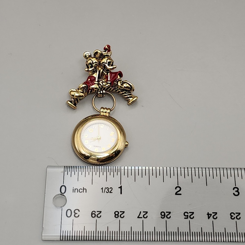 Disney Napier Mickey & Minnie Quartz Pin Watch Dangle Gold Tone 2" 90s Vintage - Picture 8 of 11